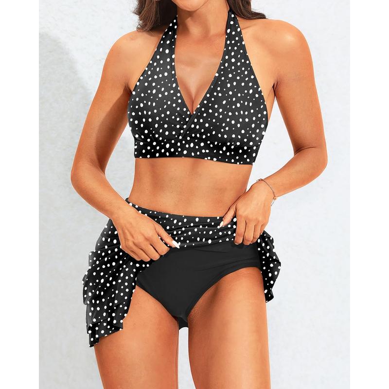Womens High Waisted Bikini with Skirt Two Piece Swimsuit with Tummy Control Halter Bathing Suit V Neck Bikini Top with Built-in Bottom Bikini Skirt Full Coverage Bikini  dealsforyoudays