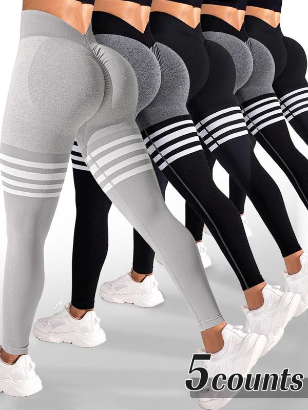 Sporty Women's Striped Print Ruched V-waist Back Sports Leggings, High Stretch Seamless Yoga Leggings, Ladies Sportswear for Indoor Outdoor Wear, Tummy Control Leggings, Legging Pants, Legging Fitness, Gym Yoga Clothing