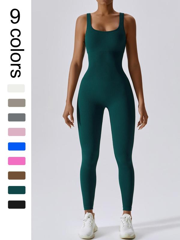 Women's Seamless One-Piece Hip Lift Crew Neck Tummy Control Jumpsuit with Tank Top, Tummy Control Dance & Fitness & Workout Set, Stretch Sportswear for Outdoor Activities, Yoga Jumpsuit