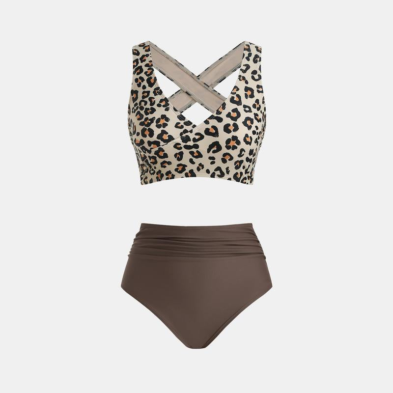 Classic Leopard Print Cross Back Midkini & High Waist Bikini Set Stylish Beachwear V Neck Cutout Swimwear Casual Swimsuit(XS-XXL) Bathing Suits #TikTokShopBacktoSchool