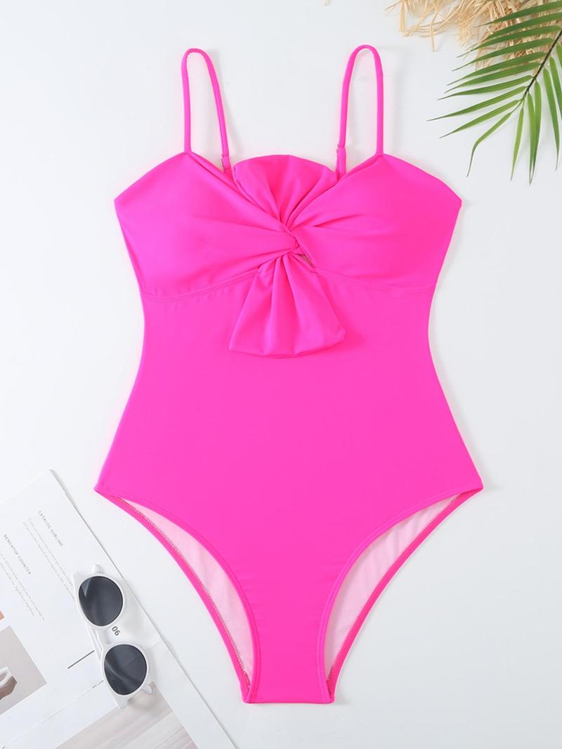 Women's Solid Twist One-piece Swimwear & Leaf Print Tie Front Cover Up Skirt Set, Boho Fashion Adjustable Strap Swimwear Set for Beach Holiday Vacation, Ladies Swimsuit for All Seasons