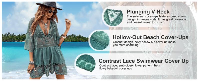 Women's Contrast Lace Bathing Suit Cover Up V-Neck Swimsuit Coverups Loose Swimwear Beach Dress Beachwear Deals for You Days