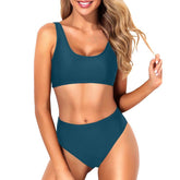 Women Two Piece Scoop Neck Bikini Crop Top High Cut Swimsuit Sporty High Waisted Bathing Suit with Bottoms