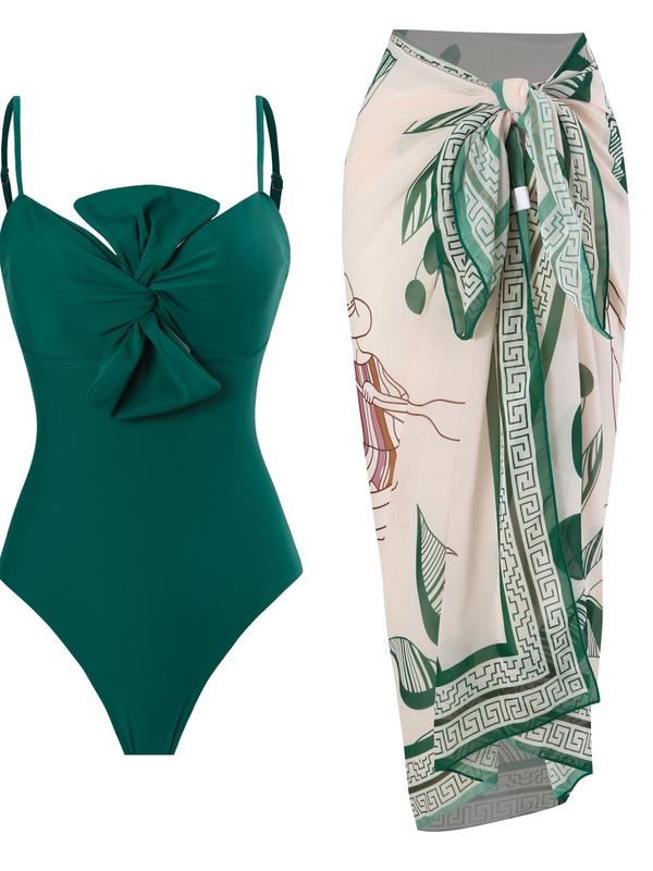 Women's Solid Twist One-piece Swimwear & Leaf Print Tie Front Cover Up Skirt Set, Boho Fashion Adjustable Strap Swimwear Set for Beach Holiday Vacation, Ladies Swimsuit for All Seasons
