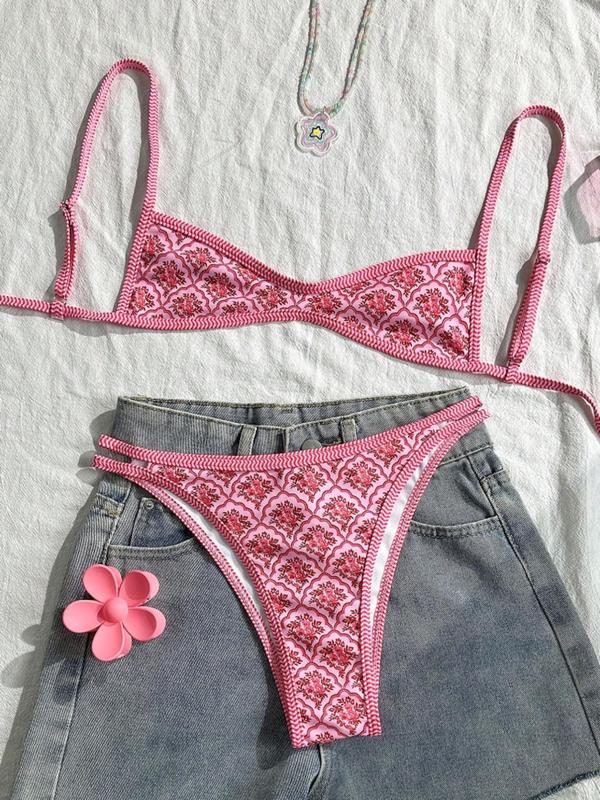Two-Piece Set Women's Floral Print Bikini Set, Casual Fashion Chic Swimsuit Set for Beach Holiday Vacation, Ladies Summer Clothes, Bikinis Sets, Bikini Top & Floral Bikini Bottom, Beach Bathing Suit, Floral Print Spaghetti Strap Swimsuit