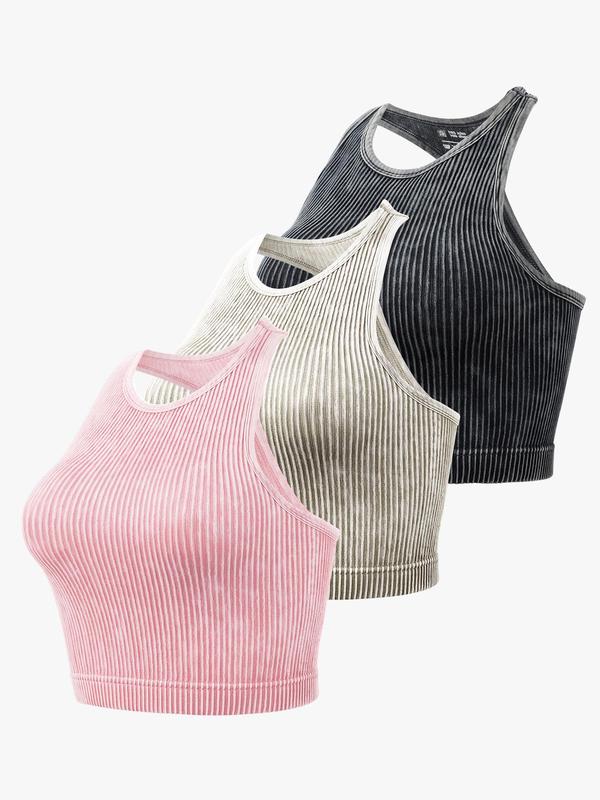 Women's Plain Round Neck Ribbed Sports Vest, Casual Sleeveless Crop Racer Back Tank Top for Pickleball Tennis Yoga Gym Workout, Women Sport & Outdoor Clothing for Summer