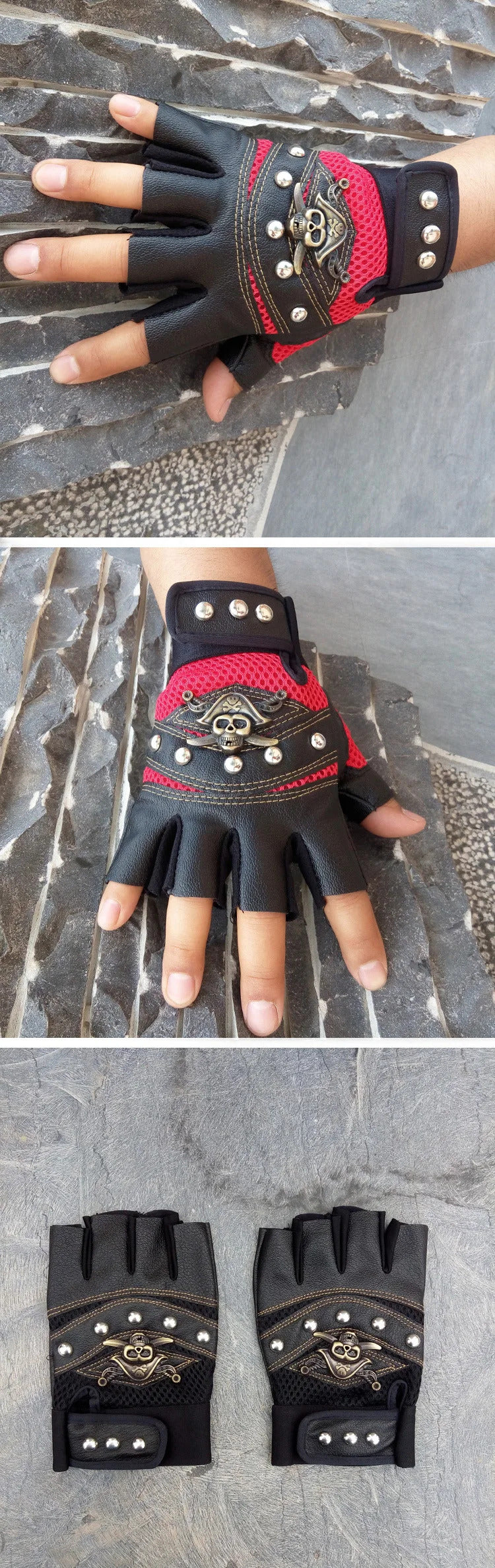 Punk Skulls Rivet PU Leather Gloves Men Women Fashion Hip Hop Anti-slip Half Finger Gloves Summer Cycling Motorcycle Accessories