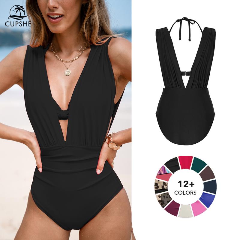 Women's Underwire Tummy Control One Piece Swimsuit Casual Beachwear Deep V Neck High Bust Support Summer Beach Trendy Swimwear Bathing Suits #TikTokShopLaborDaySale