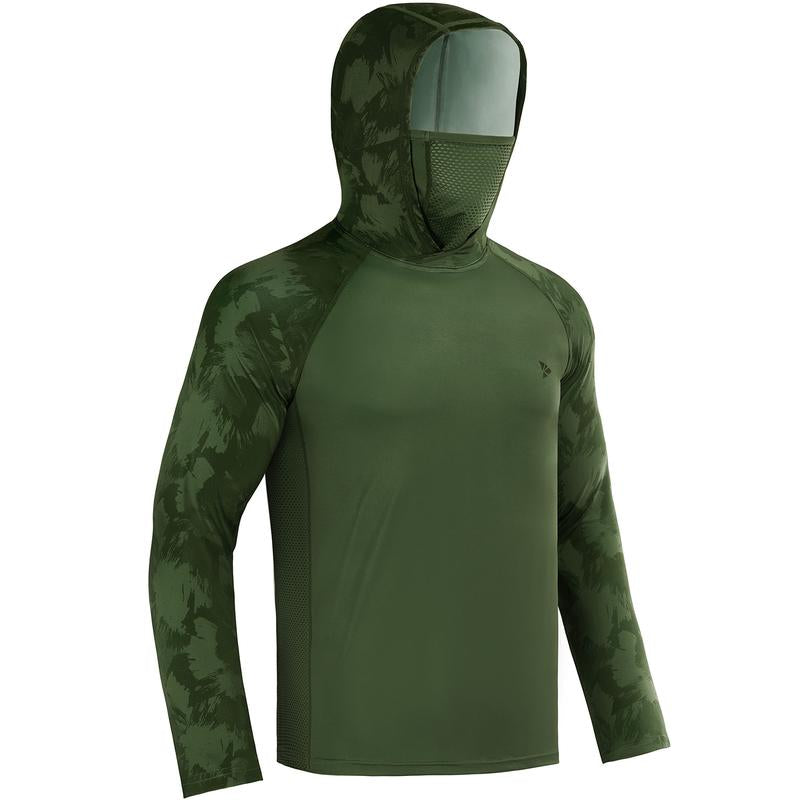 Sun UV Protection Hoodie Shirts, UPF 50+ Men Raglan Long Sleeve Lightweight Quick Dry Breathable Cooling Rash Guard with Mask Neck Gaiter for Outdoor, Hiking, Fishing, Boating, Biking, Sport, Gym, Constructing, Roofing, Landscaping, Gardening 915