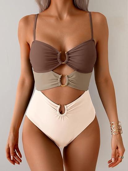One Piece Swimsuit for Women Ring Linked Monokini Sexy Bathing Suit Cutout Swim Suit Outdoorfun