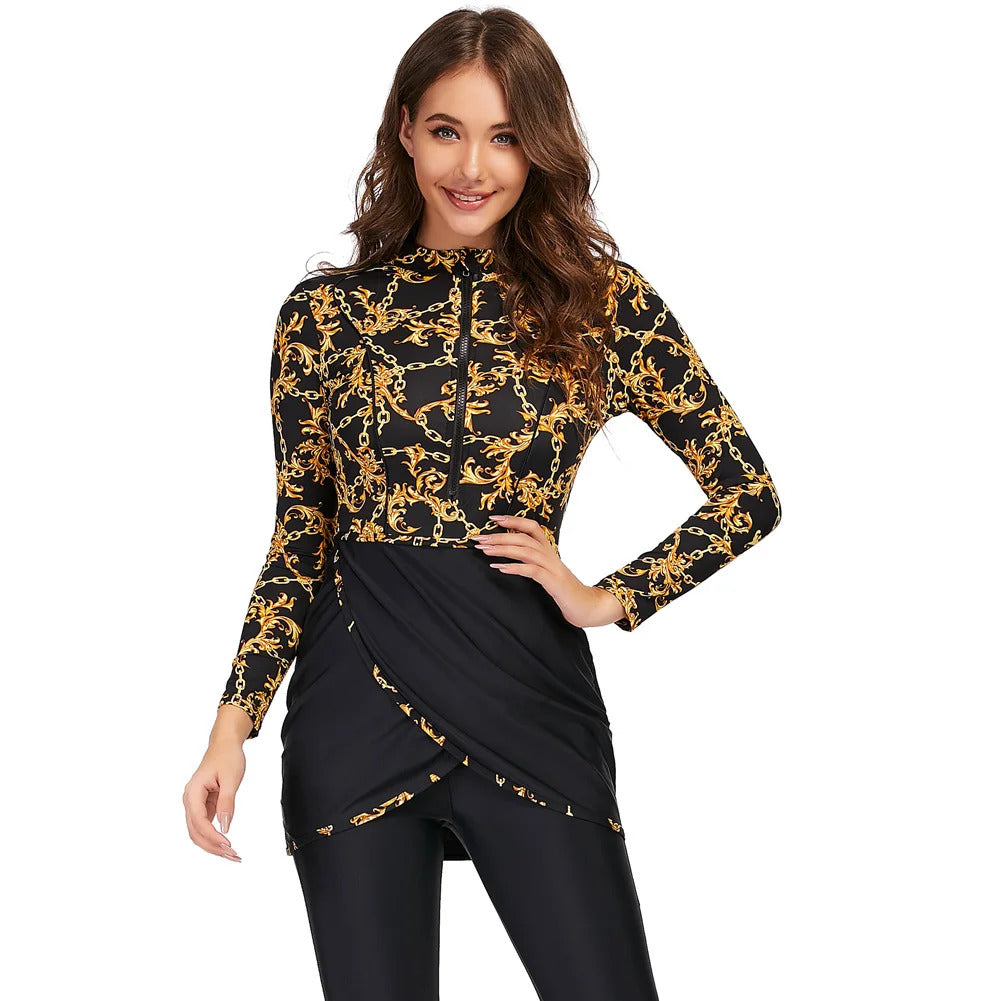 New Muslim Swimwear Women Modest Patchwork Hijab Long Sleeves Sport Swimsuit 3pcs Islamic Burkinis Wear Bathing Suit