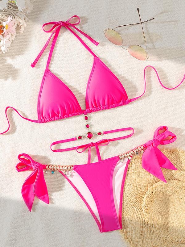 Women's Halter Tie Back Triangle Bra & Ring Linked Panty Bikini Set, Sexy Trendy Summer Swimsuit Set, Ladies Swimwear Rave Outfits, Beach Bikini Set, Halter Bathing Suit, Halter Swim Top, Halter Bikini Sets