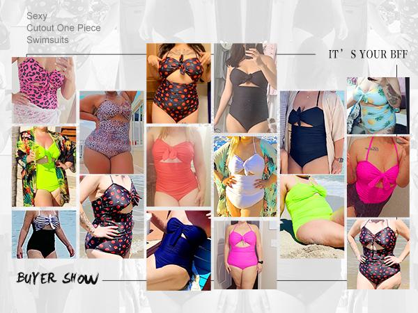 Women Sexy Cutout One Piece Swimsuits Tummy Control High Waisted Halter Front Tie Knot Bathing Suit Plus Size Full Coverage Swimsuit for Women