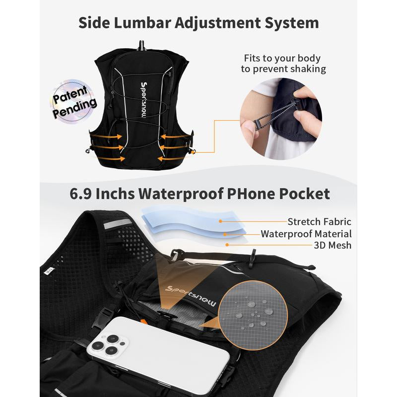 Sportsnew Running Vest for Women Men, Lightweight 10L Hydration Backpack with Waterproof Phone Pocket, 2L Water Bladder or 500ml Soft Flasks, Breathable Pack for Hiking Trail Running Cycling Marathon Outdoor