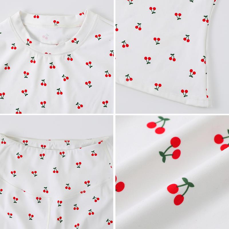 Women's 2-Piece Cherry Print Crew Neck Tee & High-Waist Leggings Set , Extended Hemline, Quick-Dry Snug , Yoga, Gym, Athleisure , Women's Activewear Pilates Outfits Compression Shirts Sweatpants