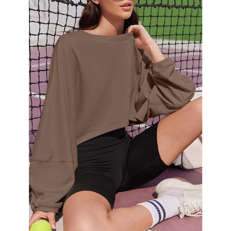 Womens Long Ballon Sleeve Sweatshirts Tops Cropped Crew Neck Loose Fit Casual Workout Shirts