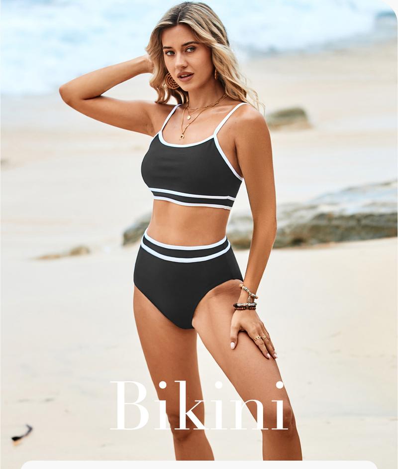 Women's Ribbed Bikini Sets Color Block Swimsuit High Waisted Bathing Suit Swimming Clothing Beach Water Sports Swimwear