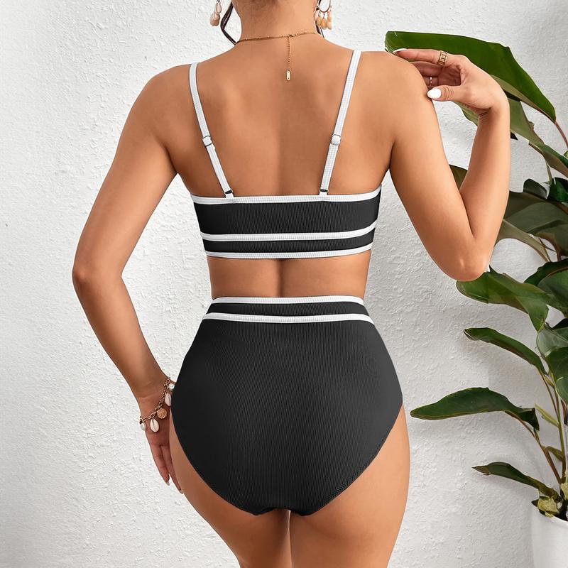Women's Ribbed Bikini Sets Color Block Swimsuit High Waisted Bathing Suit Swimming Clothing Beach Water Sports Swimwear