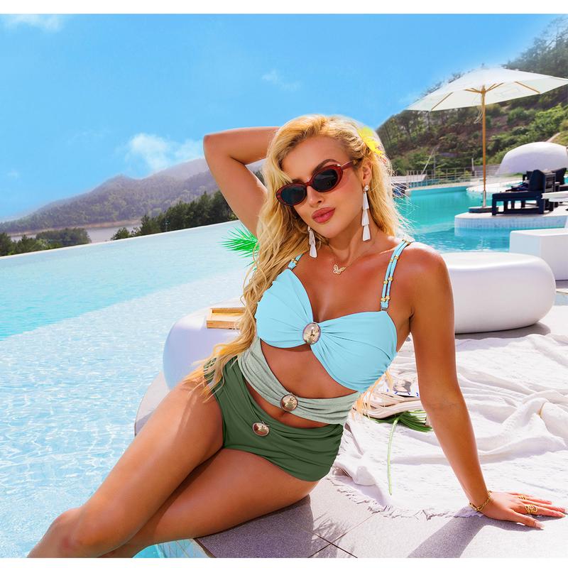Women’s Metal Design 2 Piece Cut Out Color Block Sexy Swimsuit With Cover Up Skirt