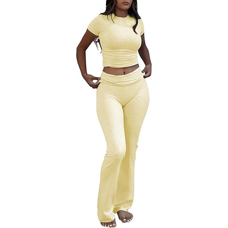 Yoga Women's two-piece casual wear slim fit short sleeved top, low waist bell bottom pants tight pants set, yoga sportswear set, yoga suit, sportswear, slim fit set, fitness set, pajamas set   tracksuits men Loungewear Womenswear Outfit