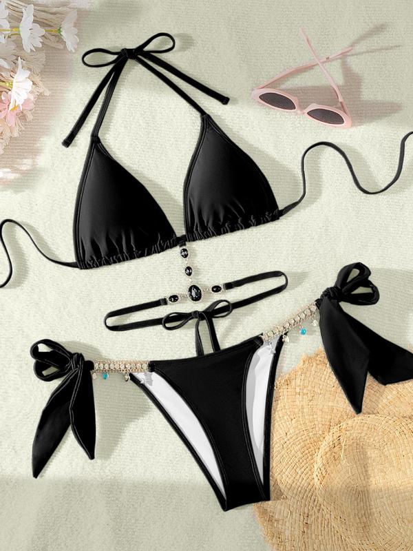 Women's Halter Tie Back Triangle Bra & Ring Linked Panty Bikini Set, Sexy Trendy Summer Swimsuit Set, Ladies Swimwear Rave Outfits, Beach Bikini Set, Halter Bathing Suit, Halter Swim Top, Halter Bikini Sets