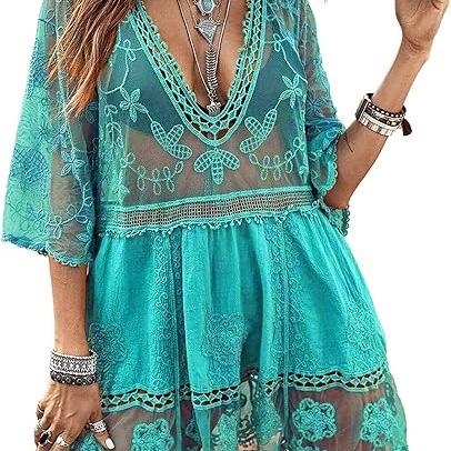 Women's Contrast Lace Bathing Suit Cover Up V-Neck Swimsuit Coverups Loose Swimwear Beach Dress Beachwear Deals for You Days
