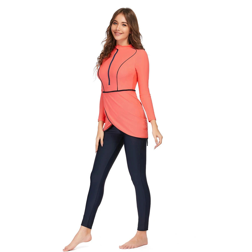 New Muslim Swimwear Women Modest Patchwork Hijab Long Sleeves Sport Swimsuit 3pcs Islamic Burkinis Wear Bathing Suit