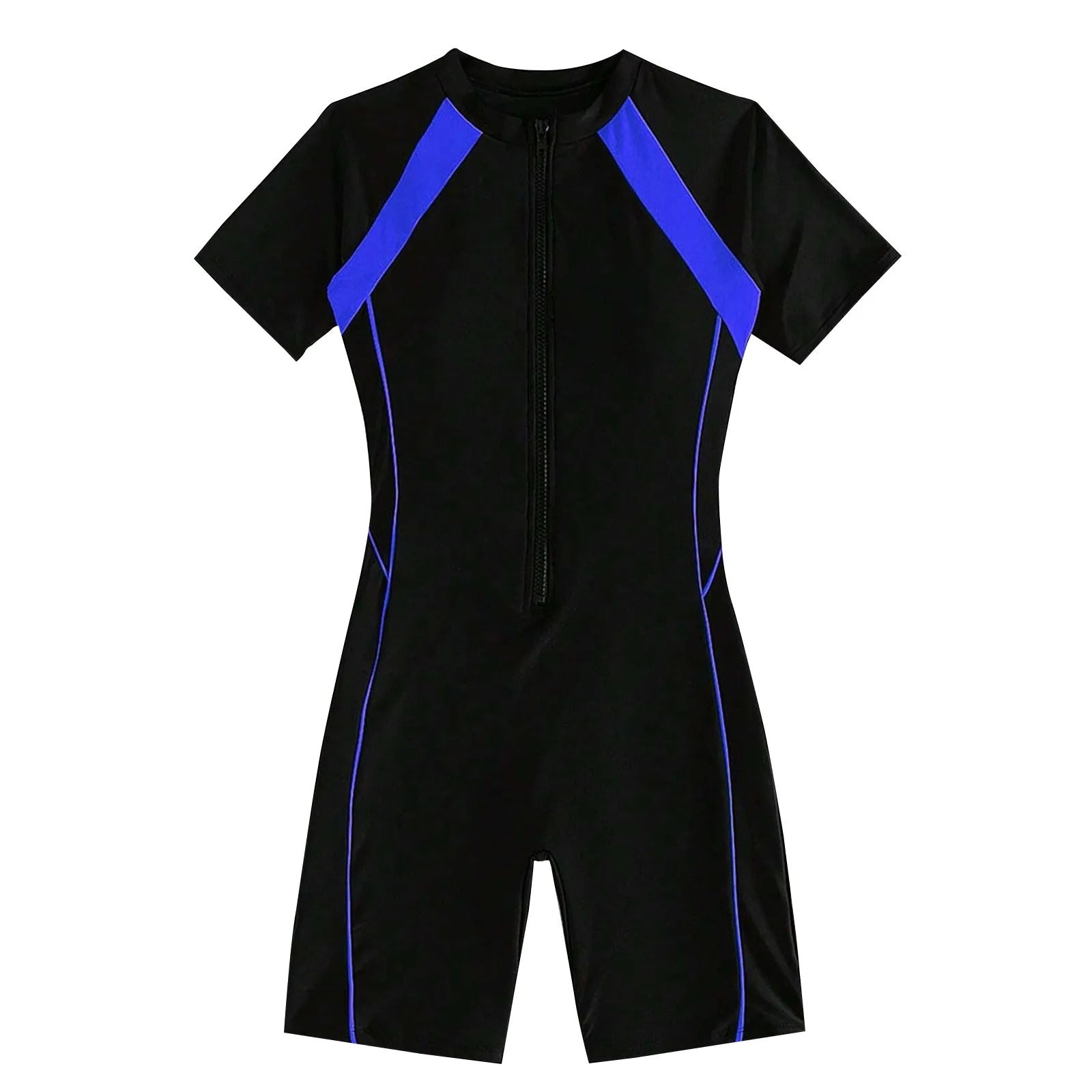Female Summer One-piece Solid Color Patchwork Flat Angle Short Sleeved Zippered Swimsuit Sun Protection Quick-Drying Swimwear