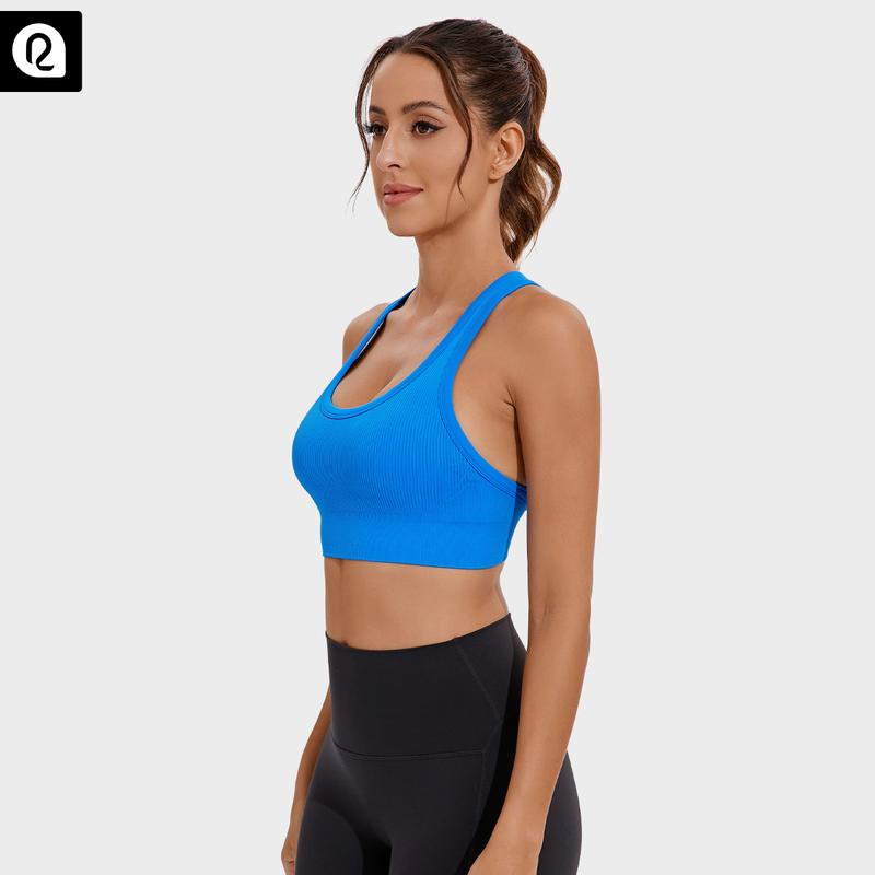 Women's High Support Sports Bra - Criss-Cross Back, Removable Cups, Medium Support, Ultra-Stretch, Moisture-Wicking, Seamless Ribbed Knit Yoga Bra with Naked Feeling