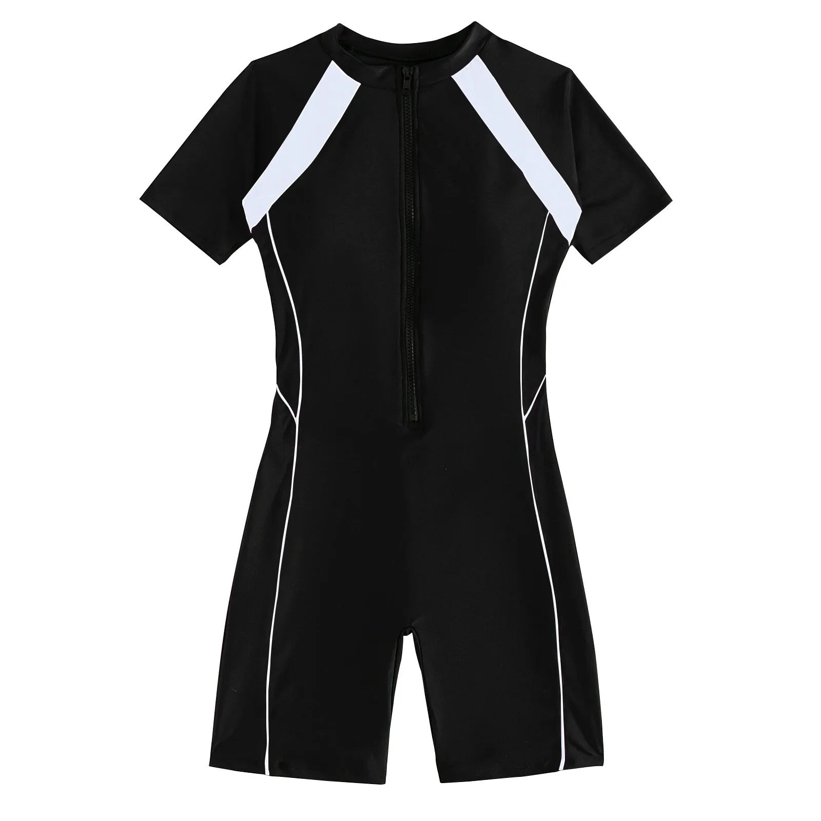 Female Summer One-piece Solid Color Patchwork Flat Angle Short Sleeved Zippered Swimsuit Sun Protection Quick-Drying Swimwear