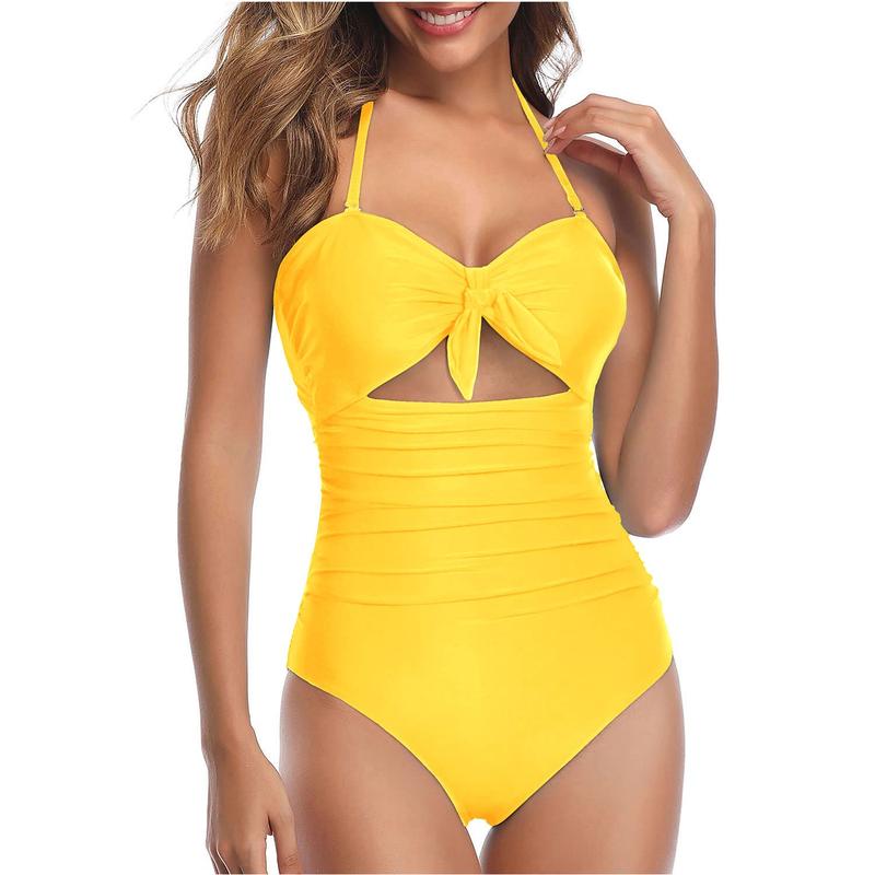 Women Sexy Cutout One Piece Swimsuits Tummy Control High Waisted Halter Front Tie Knot Bathing Suit Plus Size Full Coverage Swimsuit for Women