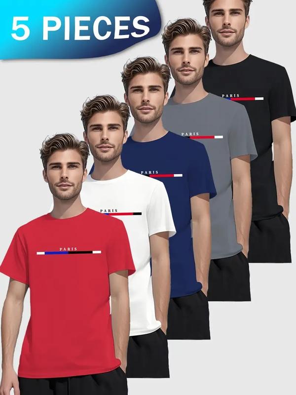 5 pieces of men's fashion letter pattern T-shirts, classic short-sleeved round-neck T-shirts, suitable for summer casual outings, sports and training. Outdoorfun ,Top Streetwear