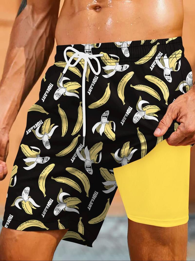 Men's All Over Print 2 in 1 Drawstring Waist Swimming Beach Shorts, Casual Quick Drying Swim Shorts for Summer, Men's Swimwear for Beach Vacation Outdoor, Clothing, Summer Swim Bottoms, Summer Swim Trunks, Swimbottoms, Swimtrunks