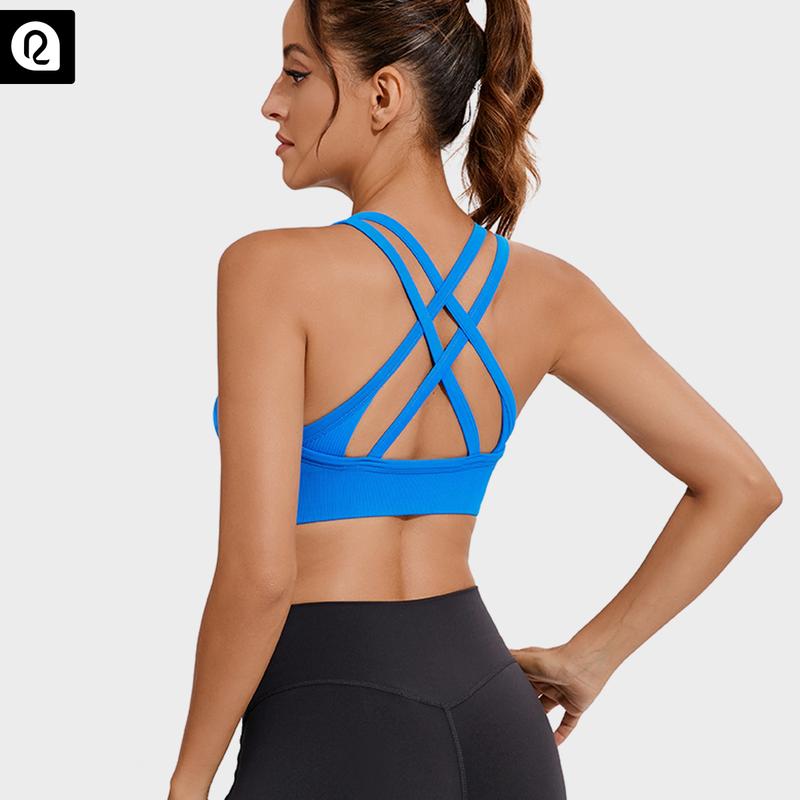 Women's High Support Sports Bra - Criss-Cross Back, Removable Cups, Medium Support, Ultra-Stretch, Moisture-Wicking, Seamless Ribbed Knit Yoga Bra with Naked Feeling