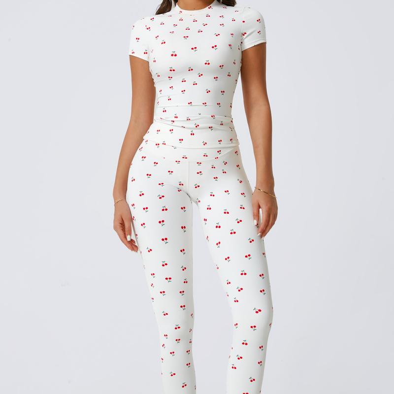 Women's 2-Piece Cherry Print Crew Neck Tee & High-Waist Leggings Set , Extended Hemline, Quick-Dry Snug , Yoga, Gym, Athleisure , Women's Activewear Pilates Outfits Compression Shirts Sweatpants
