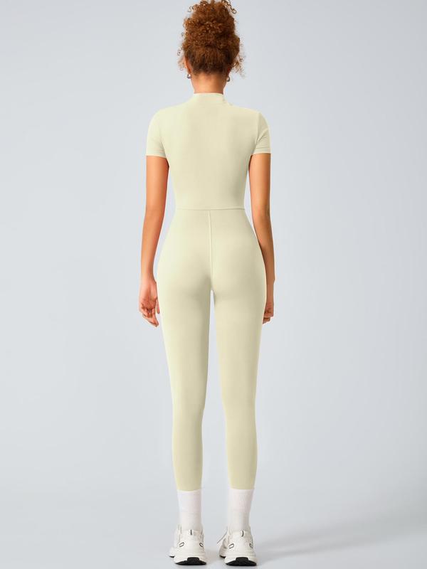 Women's High Elastic Soft Collar Half-zip Tight Waist Tight Hip Yoga Suit Outdoor Running, Cycling, Mountaineering, Walking, Naked Body Clothes Gym Sports Training All-match Short-sleeved Pants, Workout Gym Clothing, Sportswear Jumpsuits