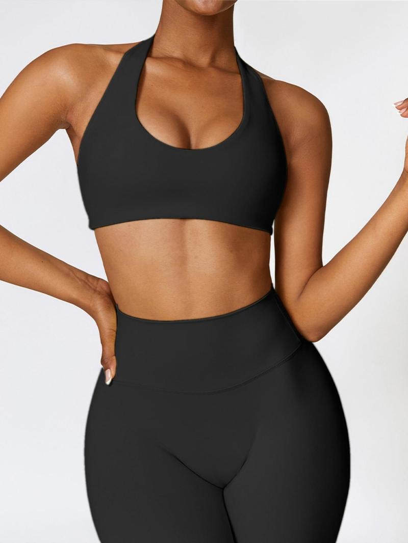 Women's Solid Wireless Halter Sports Bra, Breathable Comfortable High Stretch Sports Bra, Ladies Sportswear for Workout Gym Yoga, Fitness Clothes, Wireless Sports Bras, Yoga Workout Activewear