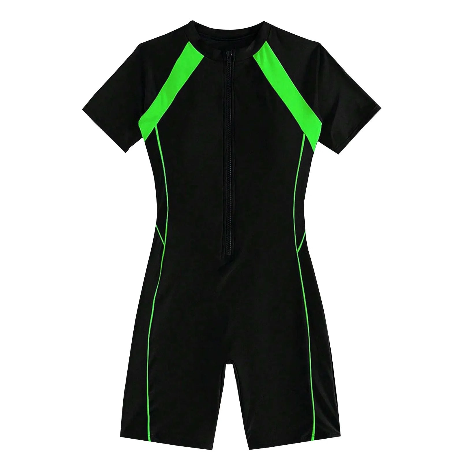 Female Summer One-piece Solid Color Patchwork Flat Angle Short Sleeved Zippered Swimsuit Sun Protection Quick-Drying Swimwear