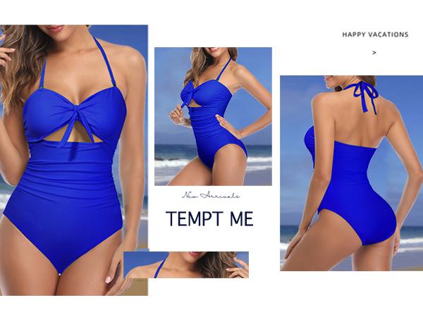 Women Sexy Cutout One Piece Swimsuits Tummy Control High Waisted Halter Front Tie Knot Bathing Suit Plus Size Full Coverage Swimsuit for Women