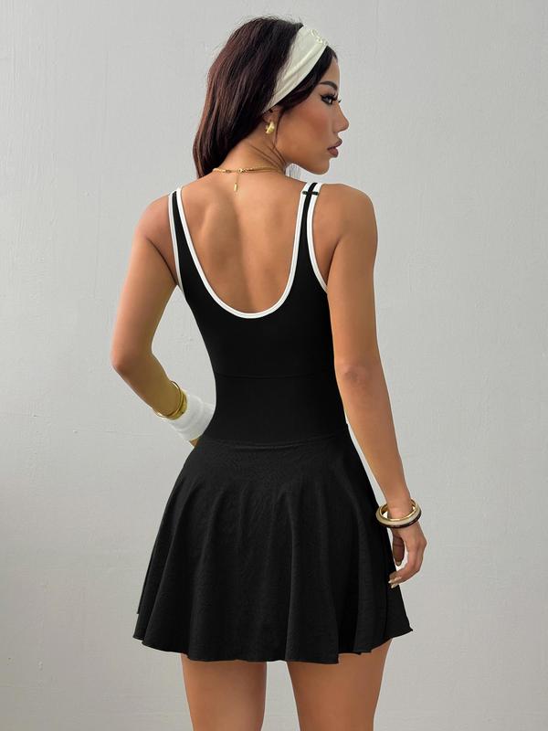 Women's Solid Contrast Trim Backless Sports Dress, High Stretch Sporty Comfortable Breathable Sports Dress with Built-in Pocket, Ladies Sportswear for All Seasons, Tennis Attire, Sporty Chic Dress, Gym Dress, Tennis Athletic Dress, Yoga Active Dress
