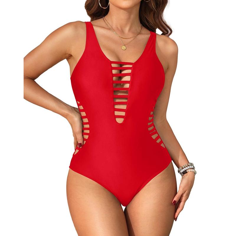 Women Sexy One Piece Swimsuits Plunge Deep V Neck Cutout Bathing Suits