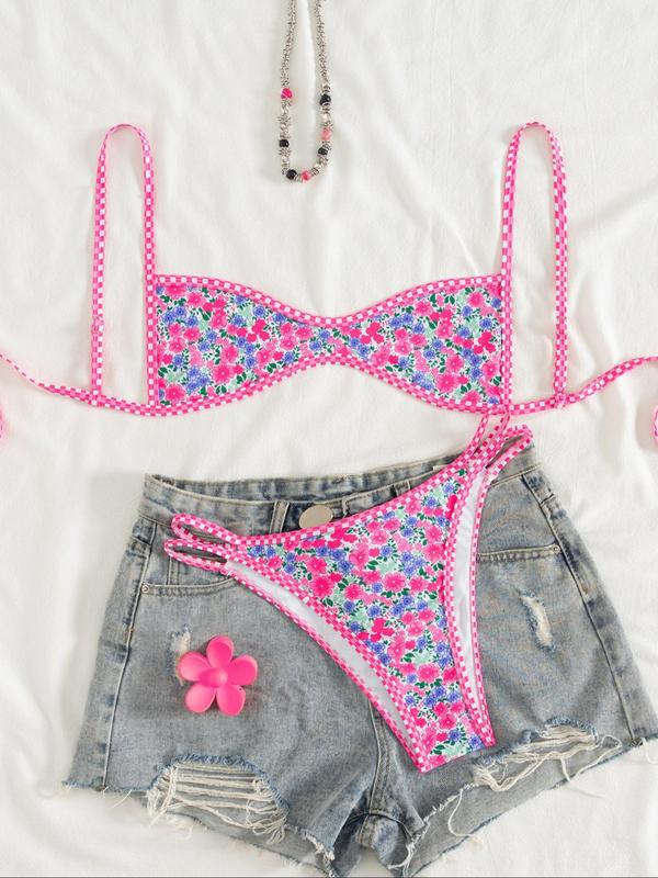 Two-Piece Set Women's Floral Print Bikini Set, Casual Fashion Chic Swimsuit Set for Beach Holiday Vacation, Ladies Summer Clothes, Bikinis Sets, Bikini Top & Floral Bikini Bottom, Beach Bathing Suit, Floral Print Spaghetti Strap Swimsuit