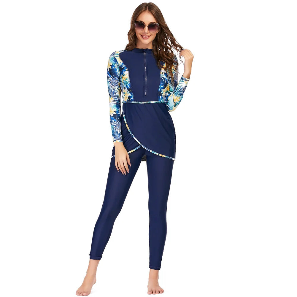 New Muslim Swimwear Women Modest Patchwork Hijab Long Sleeves Sport Swimsuit 3pcs Islamic Burkinis Wear Bathing Suit