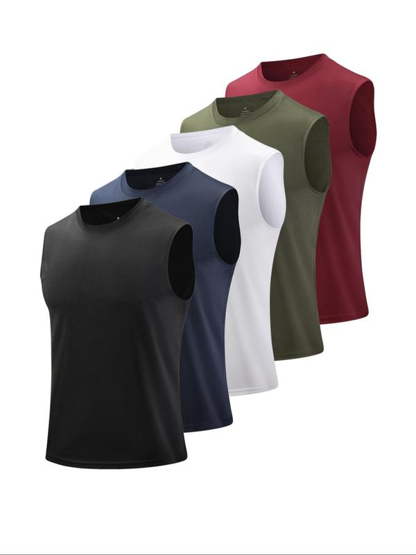 Men's Solid Round Neck Sports Vest, Breathable Comfortable Quick Drying Tank Top for Running Outdoor Exercise Basketball Training, Sport & Outdoor Clothing for Summer, Gym Casual Wear, Sleeveless Sports Vest