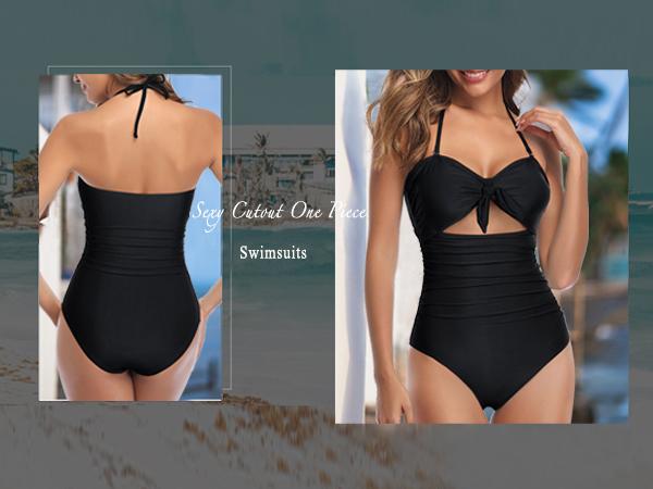 Women Sexy Cutout One Piece Swimsuits Tummy Control High Waisted Halter Front Tie Knot Bathing Suit Plus Size Full Coverage Swimsuit for Women