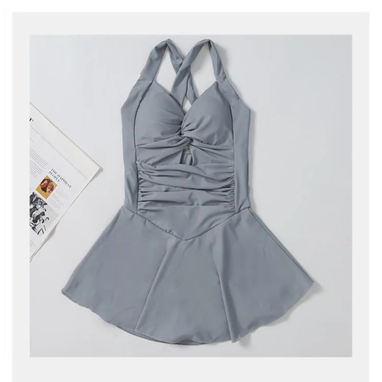 Swimming Suit for Women Solid Color Slimming One-piece Dress Style Conservative Waist Tightening Slimming Vacation Swimsuit