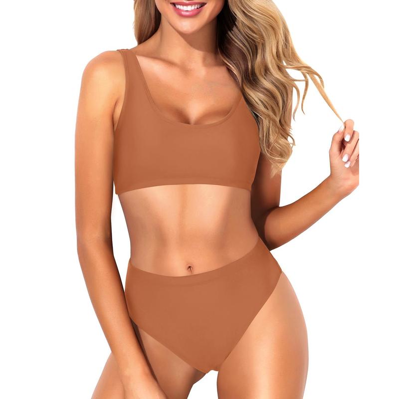 Women Two Piece Scoop Neck Bikini Crop Top High Cut Swimsuit Sporty High Waisted Bathing Suit with Bottoms