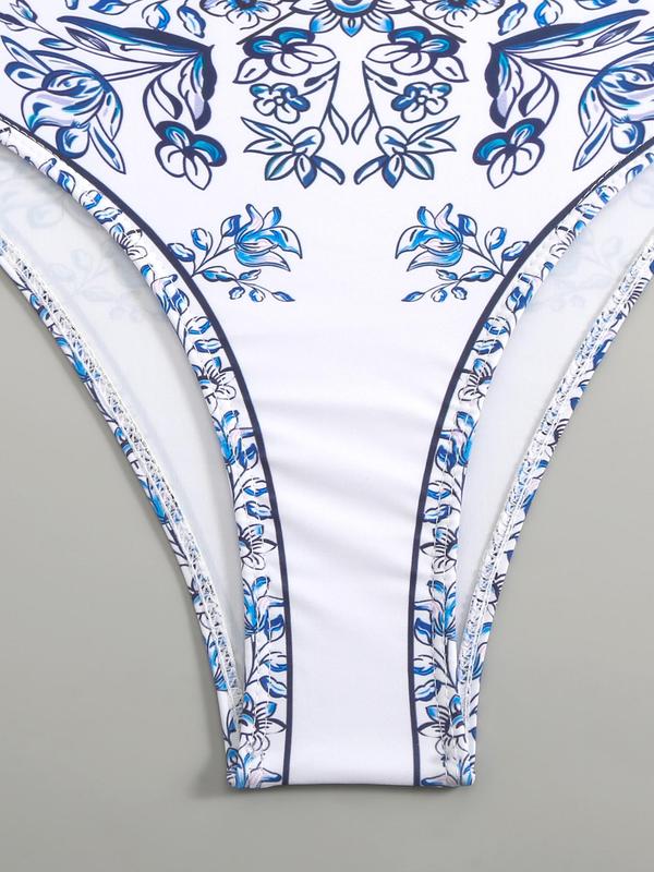 Three-piece Set Women's Floral Print Swimsuit Set, Boho Fashion Layered Ruffle Trim Swim Top & Swim Panty & Cover Up Skirt Set, Three-piece Swimwear for Beach Holiday Vacation, Bikini Sets, Modest Swimming Wear, Bathing Suits, Bikinis Sets