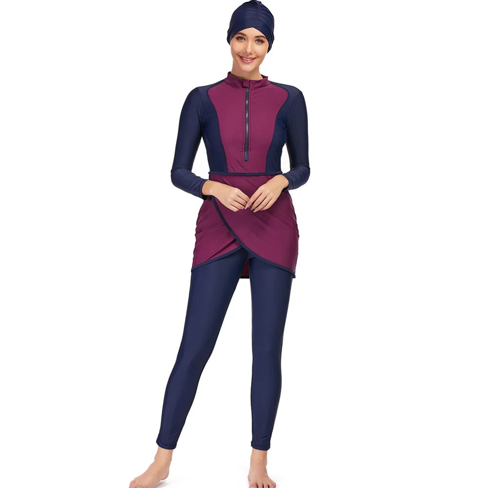 New Muslim Swimwear Women Modest Patchwork Hijab Long Sleeves Sport Swimsuit 3pcs Islamic Burkinis Wear Bathing Suit