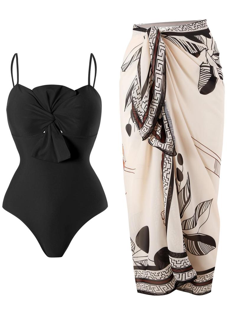 Women's Solid Twist One-piece Swimwear & Leaf Print Tie Front Cover Up Skirt Set, Boho Fashion Adjustable Strap Swimwear Set for Beach Holiday Vacation, Ladies Swimsuit for All Seasons
